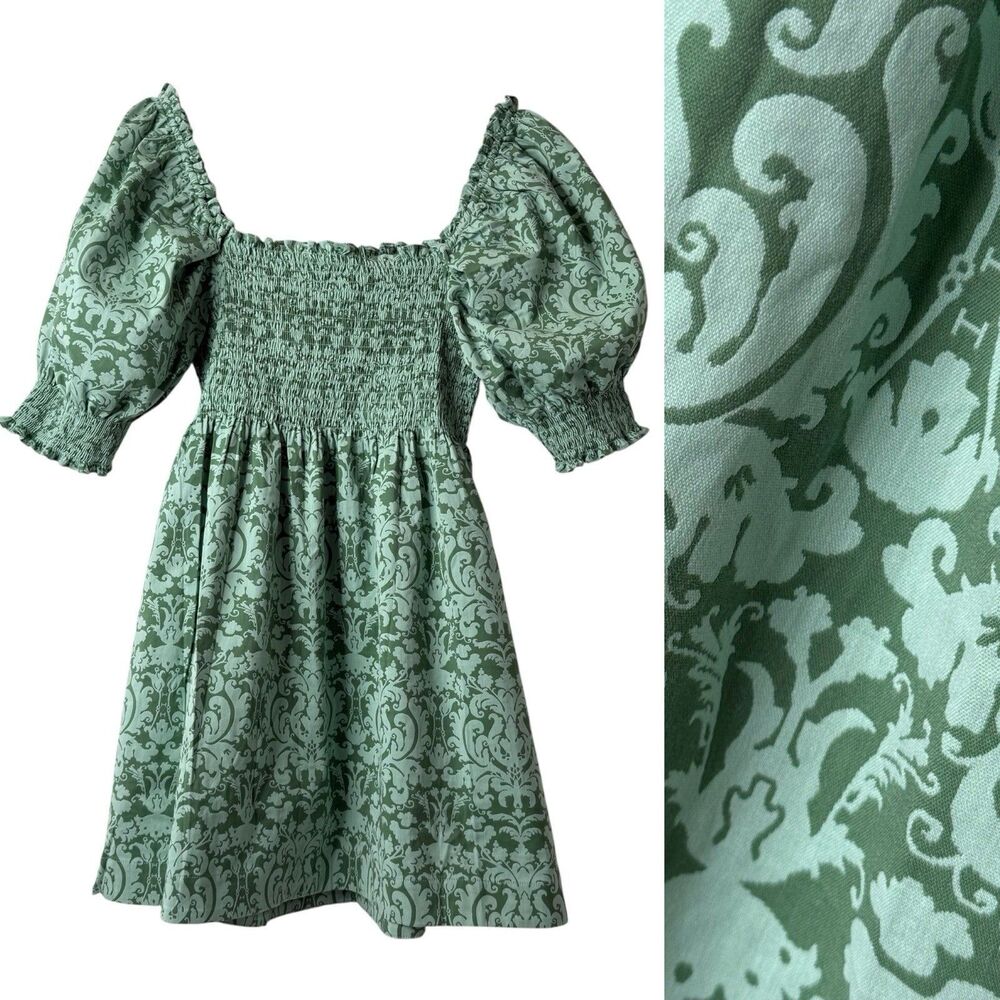 Hill House Athena Nap Dress Women's L Mini Green Jacquard Smocked Puff Sleeves